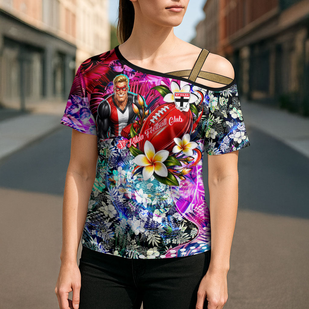 Personalized St Kilda Football Saints Cross Shoulder Shirt Tropical Hibiscus Flowers - Pacific Fusion Style