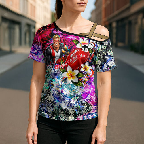 Personalized St Kilda Football Saints Cross Shoulder Shirt Tropical Hibiscus Flowers - Pacific Fusion Style