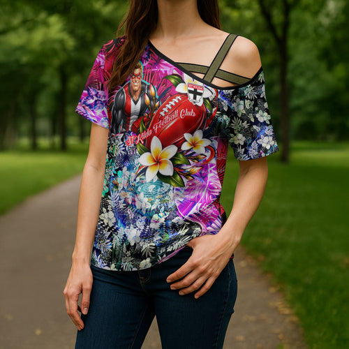 Personalized St Kilda Football Saints Cross Shoulder Shirt Tropical Hibiscus Flowers - Pacific Fusion Style