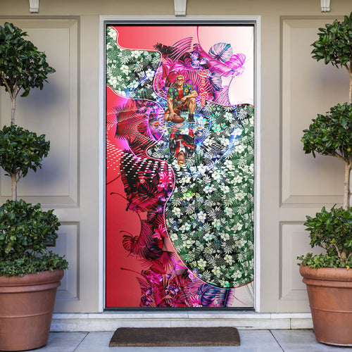 Personalized St Kilda Football Saints Door Cover Tropical Hibiscus Flowers - Pacific Fusion Style