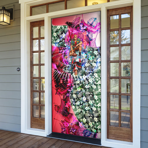 Personalized St Kilda Football Saints Door Cover Tropical Hibiscus Flowers - Pacific Fusion Style