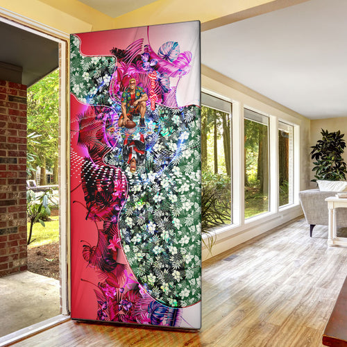 Personalized St Kilda Football Saints Door Cover Tropical Hibiscus Flowers - Pacific Fusion Style