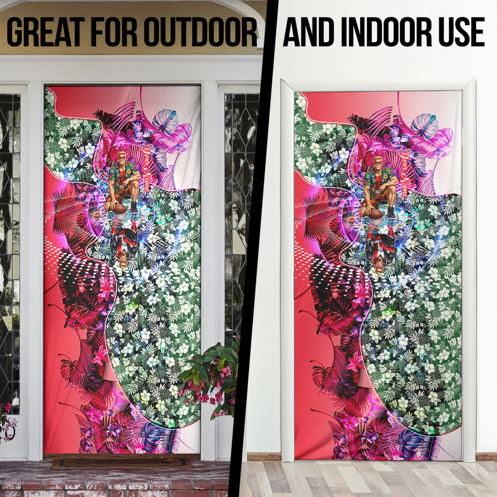 Personalized St Kilda Football Saints Door Cover Tropical Hibiscus Flowers - Pacific Fusion Style