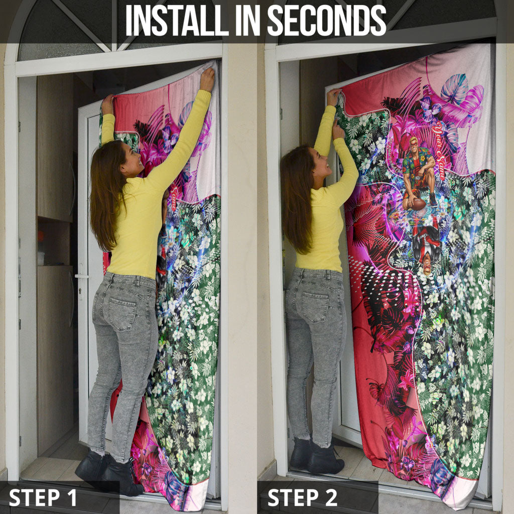 Personalized St Kilda Football Saints Door Cover Tropical Hibiscus Flowers - Pacific Fusion Style