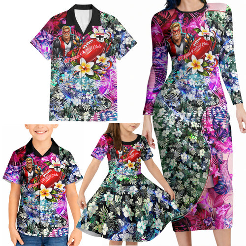 Personalized St Kilda Football Saints Family Matching Long Sleeve Bodycon Dress and Hawaiian Shirt Tropical Hibiscus Flowers - Pacific Fusion Style