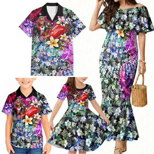 Personalized St Kilda Football Saints Family Matching Mermaid Dress and Hawaiian Shirt Tropical Hibiscus Flowers - Pacific Fusion Style