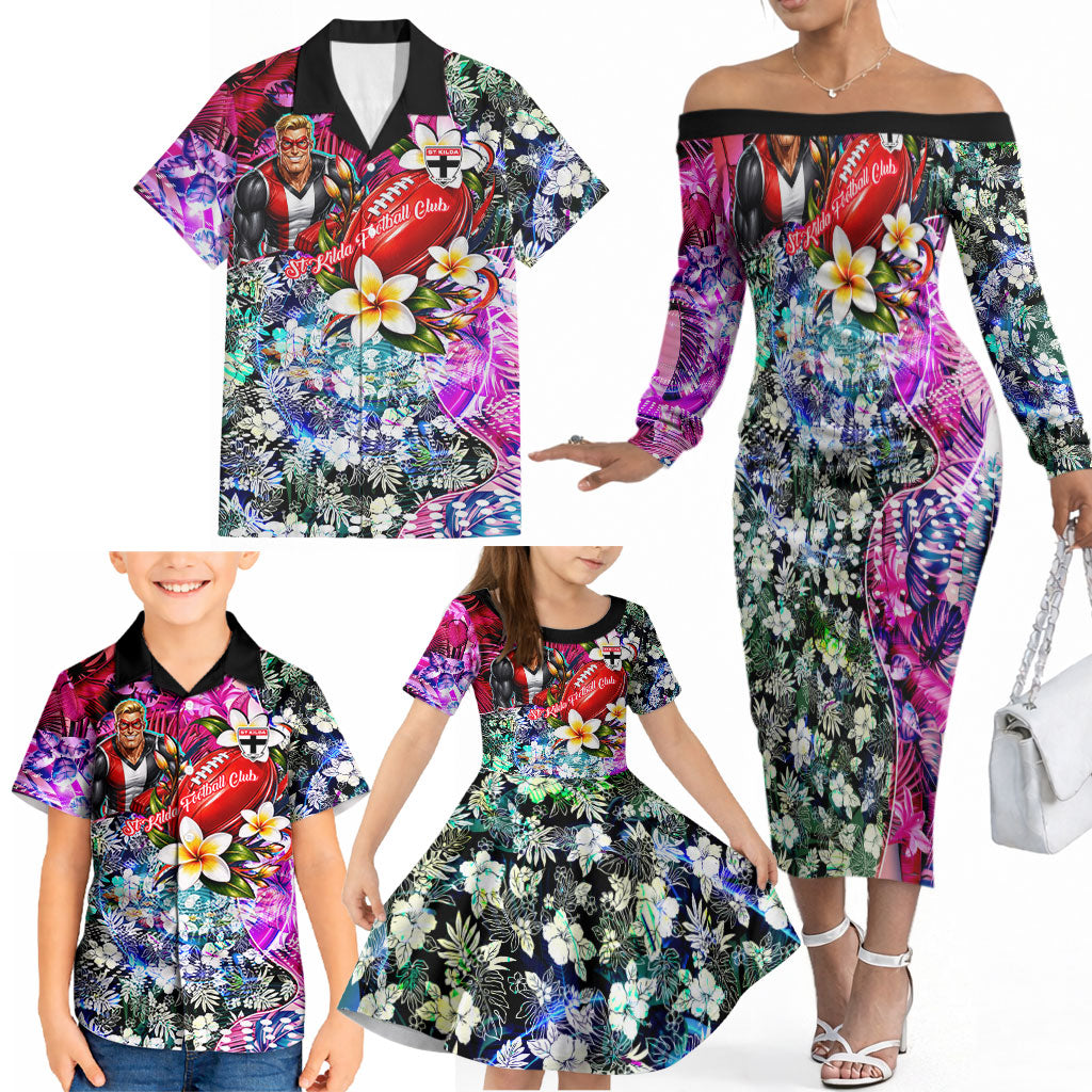 Personalized St Kilda Football Saints Family Matching Off The Shoulder Long Sleeve Dress and Hawaiian Shirt Tropical Hibiscus Flowers - Pacific Fusion Style