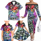 Personalized St Kilda Football Saints Family Matching Off The Shoulder Long Sleeve Dress and Hawaiian Shirt Tropical Hibiscus Flowers - Pacific Fusion Style