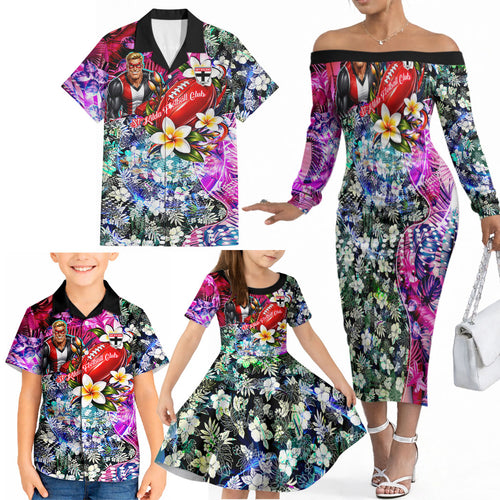 Personalized St Kilda Football Saints Family Matching Off The Shoulder Long Sleeve Dress and Hawaiian Shirt Tropical Hibiscus Flowers - Pacific Fusion Style