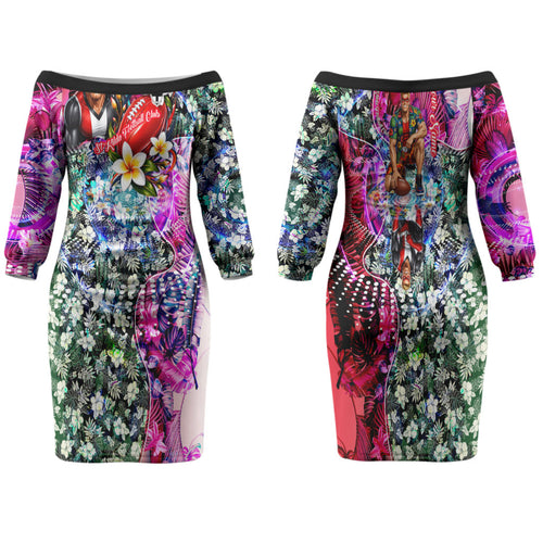 Personalized St Kilda Football Saints Family Matching Off The Shoulder Long Sleeve Dress and Hawaiian Shirt Tropical Hibiscus Flowers - Pacific Fusion Style
