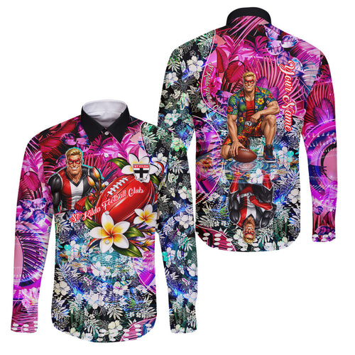 Personalized St Kilda Football Saints Family Matching Off The Shoulder Long Sleeve Dress and Hawaiian Shirt Tropical Hibiscus Flowers - Pacific Fusion Style