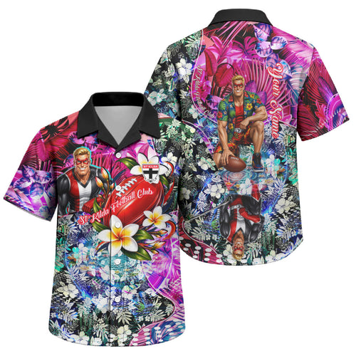 Personalized St Kilda Football Saints Family Matching Off The Shoulder Long Sleeve Dress and Hawaiian Shirt Tropical Hibiscus Flowers - Pacific Fusion Style