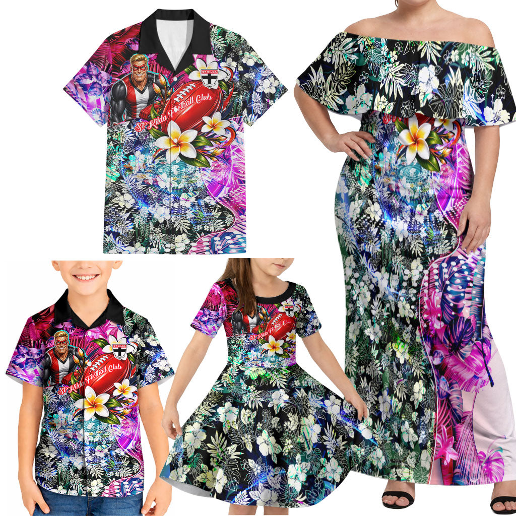 Personalized St Kilda Football Saints Family Matching Off Shoulder Maxi Dress and Hawaiian Shirt Tropical Hibiscus Flowers - Pacific Fusion Style