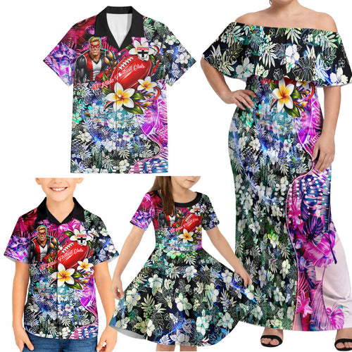 Personalized St Kilda Football Saints Family Matching Off Shoulder Maxi Dress and Hawaiian Shirt Tropical Hibiscus Flowers - Pacific Fusion Style