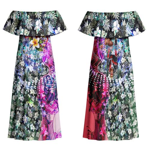 Personalized St Kilda Football Saints Family Matching Off Shoulder Maxi Dress and Hawaiian Shirt Tropical Hibiscus Flowers - Pacific Fusion Style