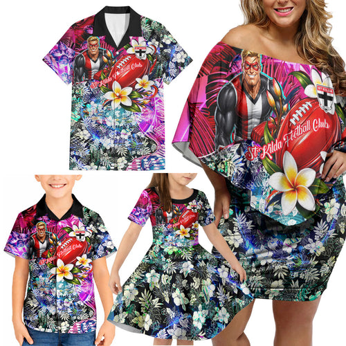Personalized St Kilda Football Saints Family Matching Off Shoulder Short Dress and Hawaiian Shirt Tropical Hibiscus Flowers - Pacific Fusion Style
