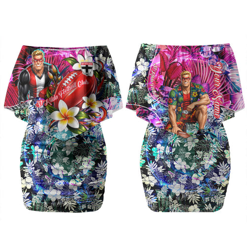 Personalized St Kilda Football Saints Family Matching Off Shoulder Short Dress and Hawaiian Shirt Tropical Hibiscus Flowers - Pacific Fusion Style