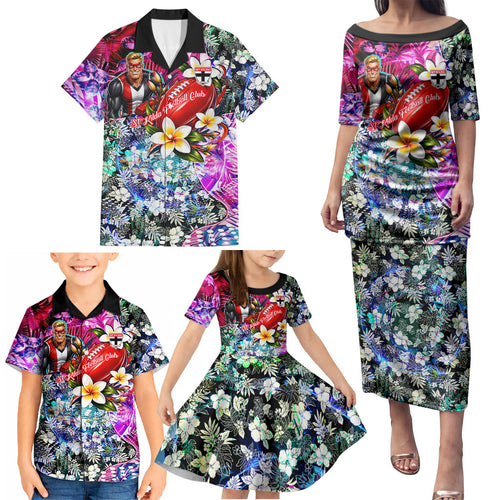 Personalized St Kilda Football Saints Family Matching Puletasi and Hawaiian Shirt Tropical Hibiscus Flowers - Pacific Fusion Style