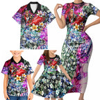 Personalized St Kilda Football Saints Family Matching Short Sleeve Bodycon Dress and Hawaiian Shirt Tropical Hibiscus Flowers - Pacific Fusion Style