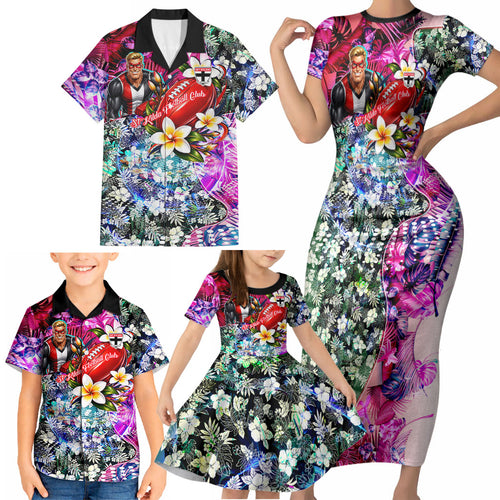 Personalized St Kilda Football Saints Family Matching Short Sleeve Bodycon Dress and Hawaiian Shirt Tropical Hibiscus Flowers - Pacific Fusion Style