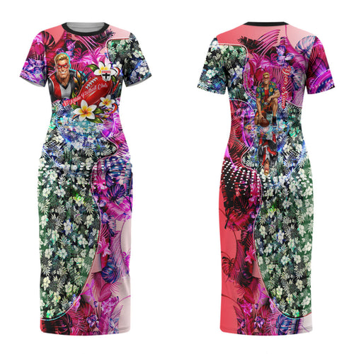 Personalized St Kilda Football Saints Family Matching Short Sleeve Bodycon Dress and Hawaiian Shirt Tropical Hibiscus Flowers - Pacific Fusion Style