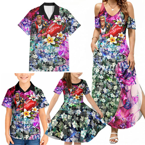 Personalized St Kilda Football Saints Family Matching Summer Maxi Dress and Hawaiian Shirt Tropical Hibiscus Flowers - Pacific Fusion Style
