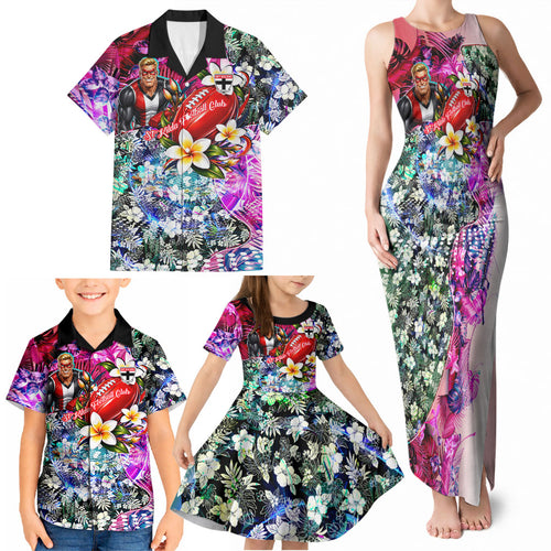 Personalized St Kilda Football Saints Family Matching Tank Maxi Dress and Hawaiian Shirt Tropical Hibiscus Flowers - Pacific Fusion Style