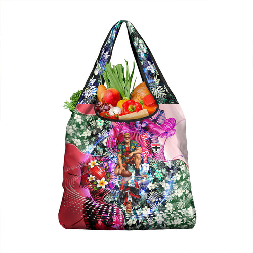 Personalized St Kilda Football Saints Grocery Bag Tropical Hibiscus Flowers - Pacific Fusion Style