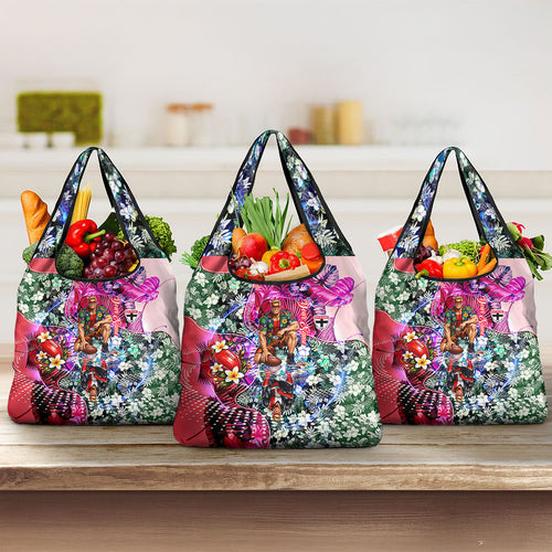 Personalized St Kilda Football Saints Grocery Bag Tropical Hibiscus Flowers - Pacific Fusion Style