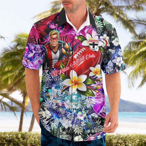 Personalized St Kilda Football Saints Hawaiian Shirt Tropical Hibiscus Flowers - Pacific Fusion Style