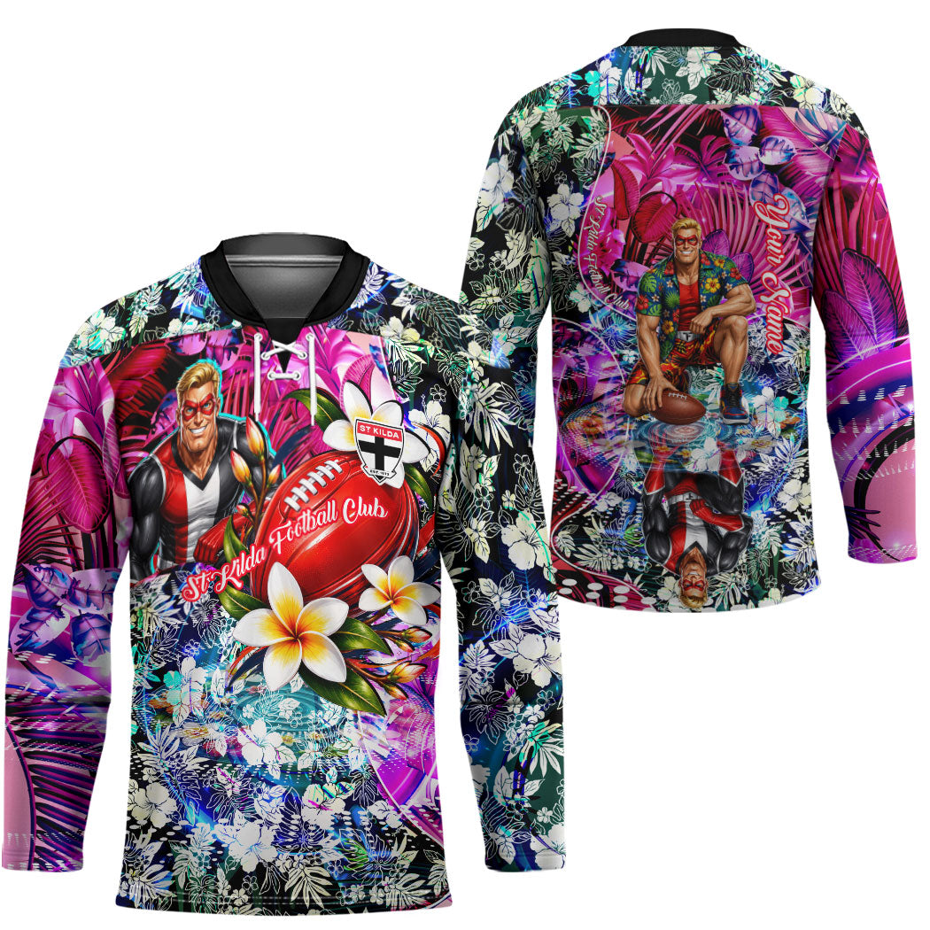 Personalized St Kilda Football Saints Hockey Jersey Tropical Hibiscus Flowers - Pacific Fusion Style