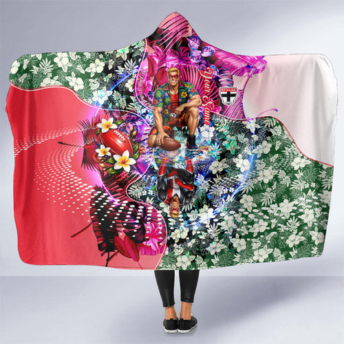 Personalized St Kilda Football Saints Hooded Blanket Tropical Hibiscus Flowers - Pacific Fusion Style