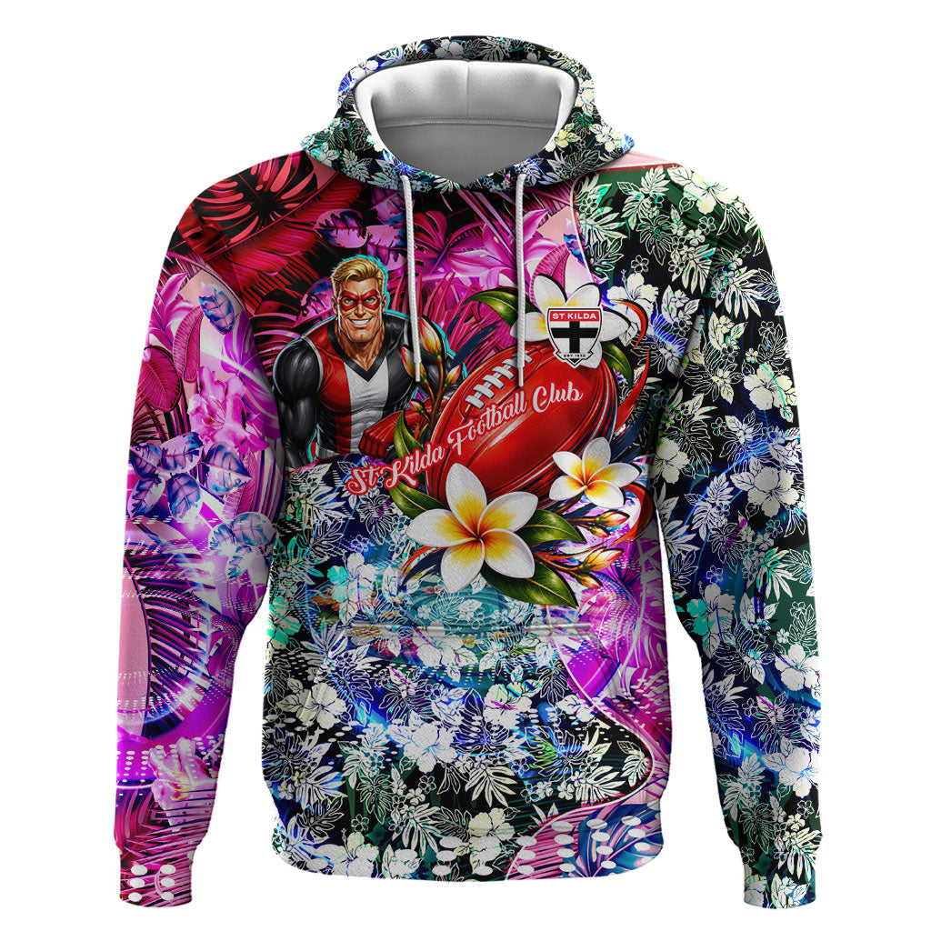 Personalized St Kilda Football Saints Hoodie Tropical Hibiscus Flowers - Pacific Fusion Style
