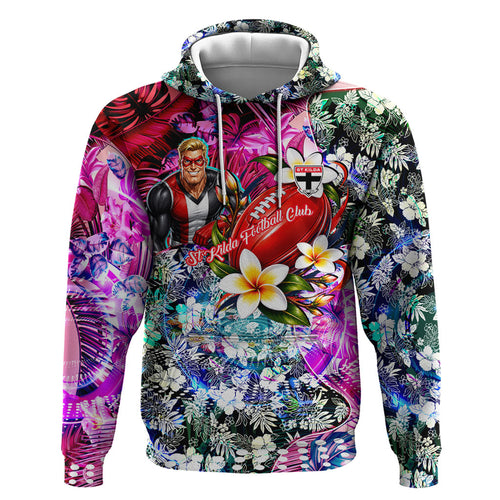 Personalized St Kilda Football Saints Hoodie Tropical Hibiscus Flowers - Pacific Fusion Style