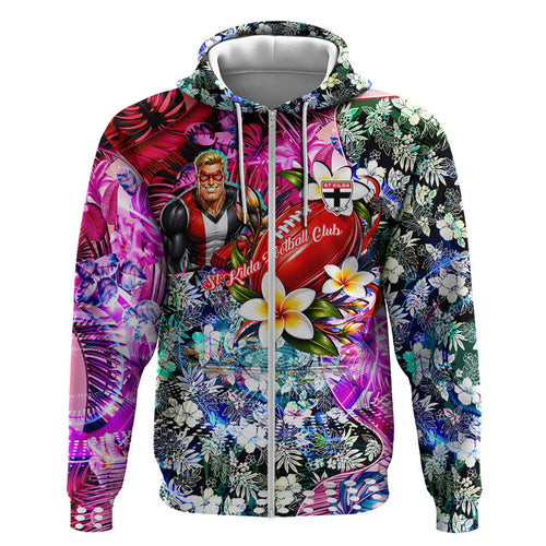 Personalized St Kilda Football Saints Hoodie Tropical Hibiscus Flowers - Pacific Fusion Style