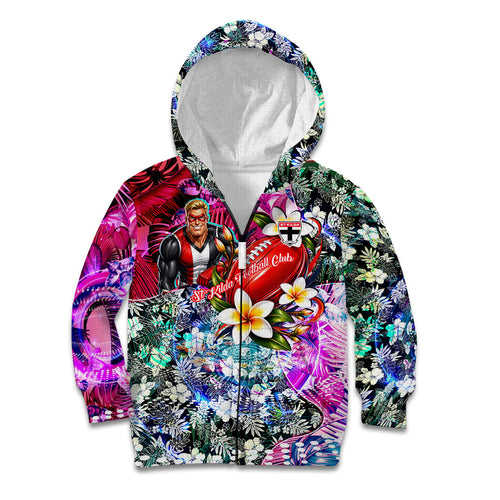 Personalized St Kilda Football Saints Kid Hoodie Tropical Hibiscus Flowers - Pacific Fusion Style