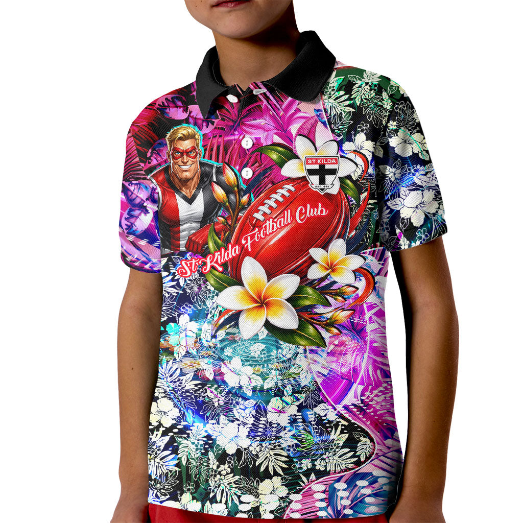 Personalized St Kilda Football Saints Kid Polo Shirt Tropical Hibiscus Flowers - Pacific Fusion Style