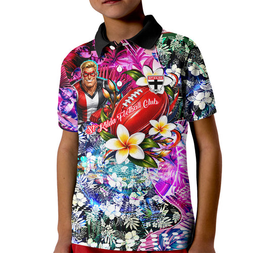 Personalized St Kilda Football Saints Kid Polo Shirt Tropical Hibiscus Flowers - Pacific Fusion Style