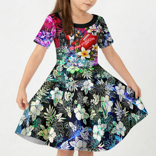 Personalized St Kilda Football Saints Kid Short Sleeve Dress Tropical Hibiscus Flowers - Pacific Fusion Style