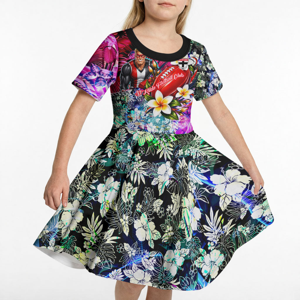 Personalized St Kilda Football Saints Kid Short Sleeve Dress Tropical Hibiscus Flowers - Pacific Fusion Style