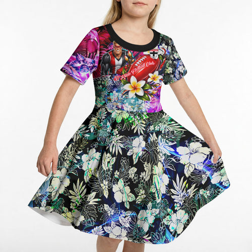 Personalized St Kilda Football Saints Kid Short Sleeve Dress Tropical Hibiscus Flowers - Pacific Fusion Style