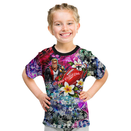 Personalized St Kilda Football Saints Kid T Shirt Tropical Hibiscus Flowers - Pacific Fusion Style