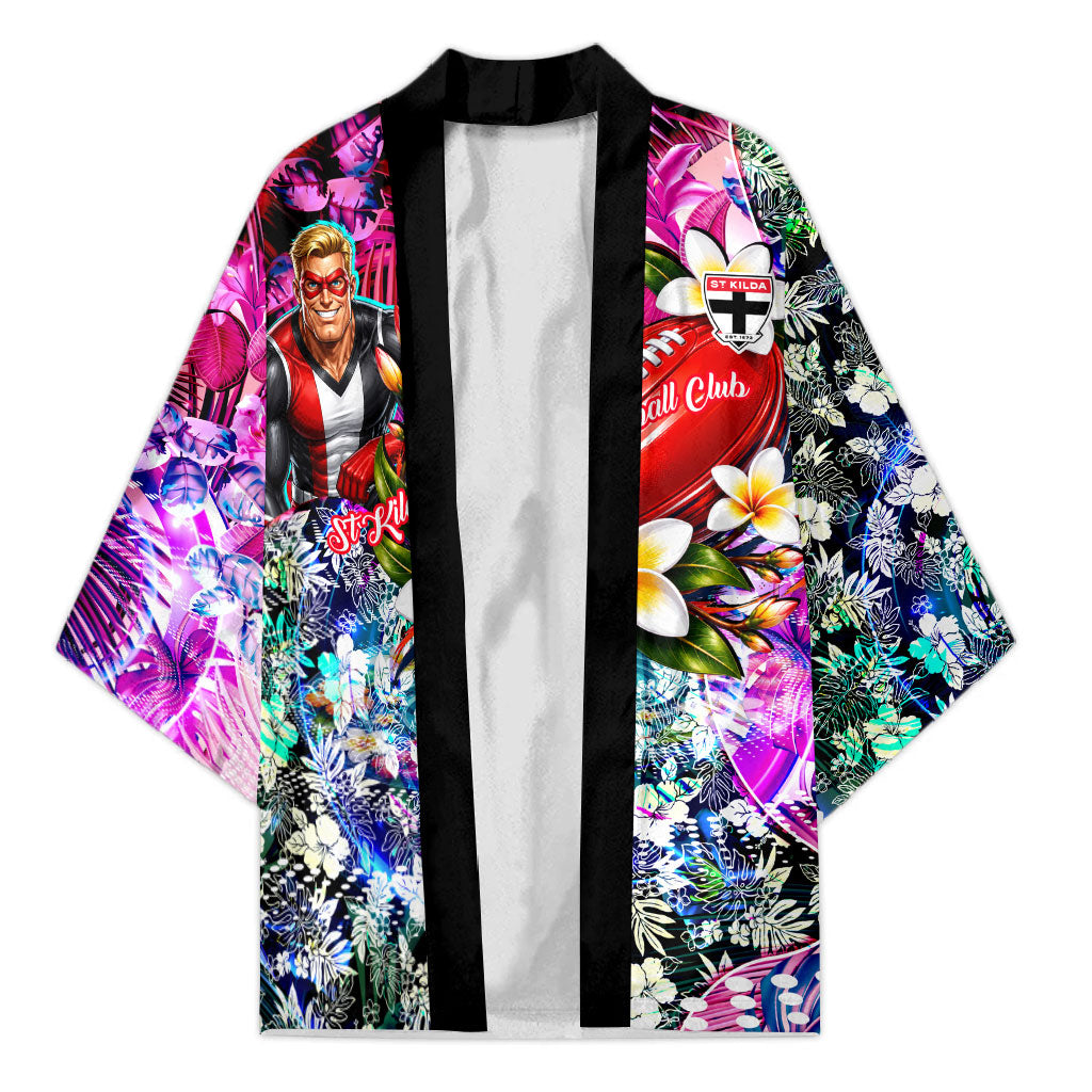 Personalized St Kilda Football Saints Kimono Tropical Hibiscus Flowers - Pacific Fusion Style