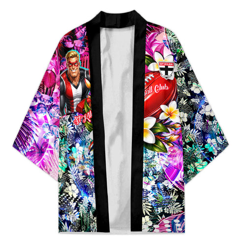 Personalized St Kilda Football Saints Kimono Tropical Hibiscus Flowers - Pacific Fusion Style