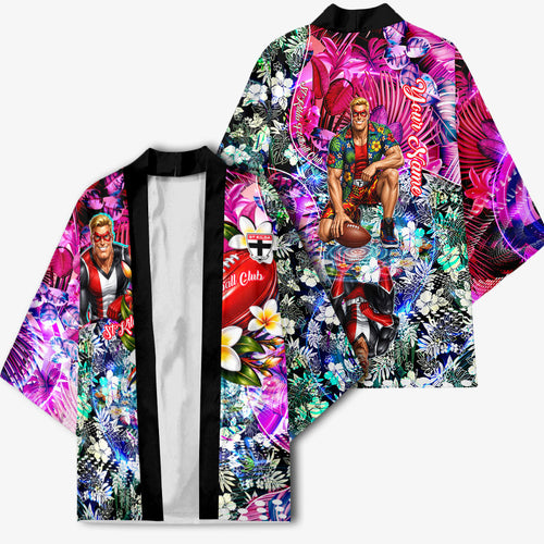 Personalized St Kilda Football Saints Kimono Tropical Hibiscus Flowers - Pacific Fusion Style