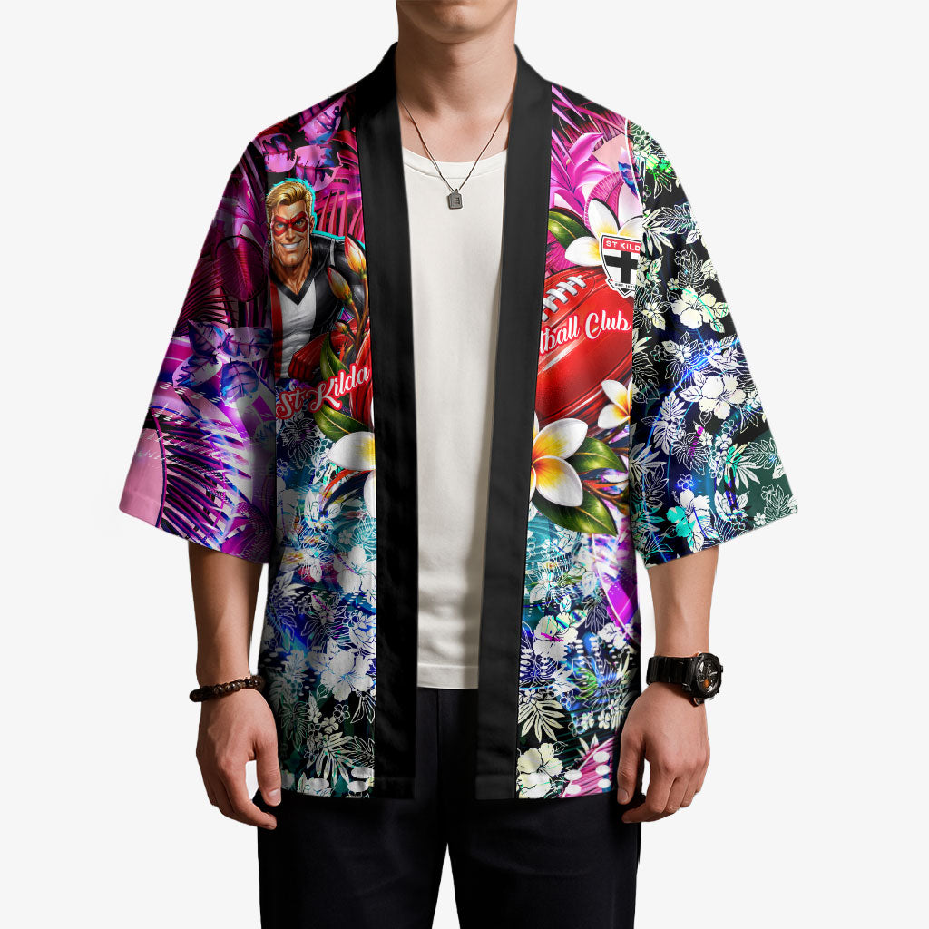 Personalized St Kilda Football Saints Kimono Tropical Hibiscus Flowers - Pacific Fusion Style