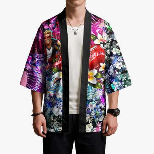 Personalized St Kilda Football Saints Kimono Tropical Hibiscus Flowers - Pacific Fusion Style