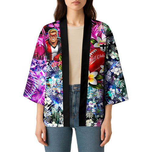 Personalized St Kilda Football Saints Kimono Tropical Hibiscus Flowers - Pacific Fusion Style