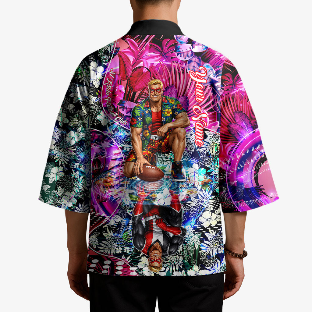 Personalized St Kilda Football Saints Kimono Tropical Hibiscus Flowers - Pacific Fusion Style