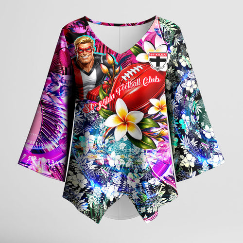Personalized St Kilda Football Saints Kimono Sleeve Blouse Tropical Hibiscus Flowers - Pacific Fusion Style